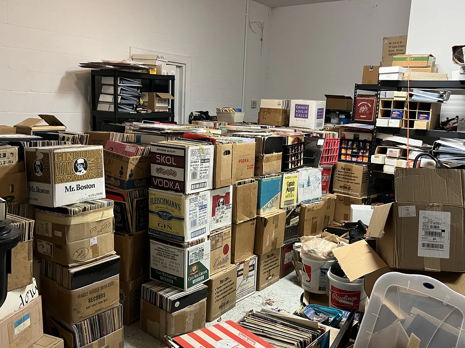 a room with many boxes of records